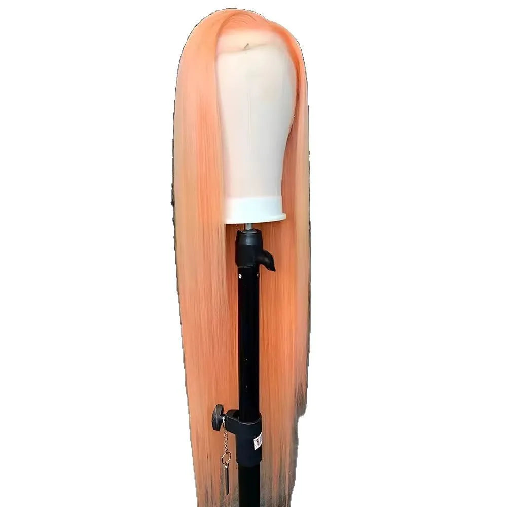 Light orange long straight hair wig with side bangs and front lace, displayed on a wig head.