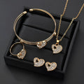 Gold electroplated alloy women's jewellery set with love, water drop, and bell patterned earrings, pendant, and bracelet.