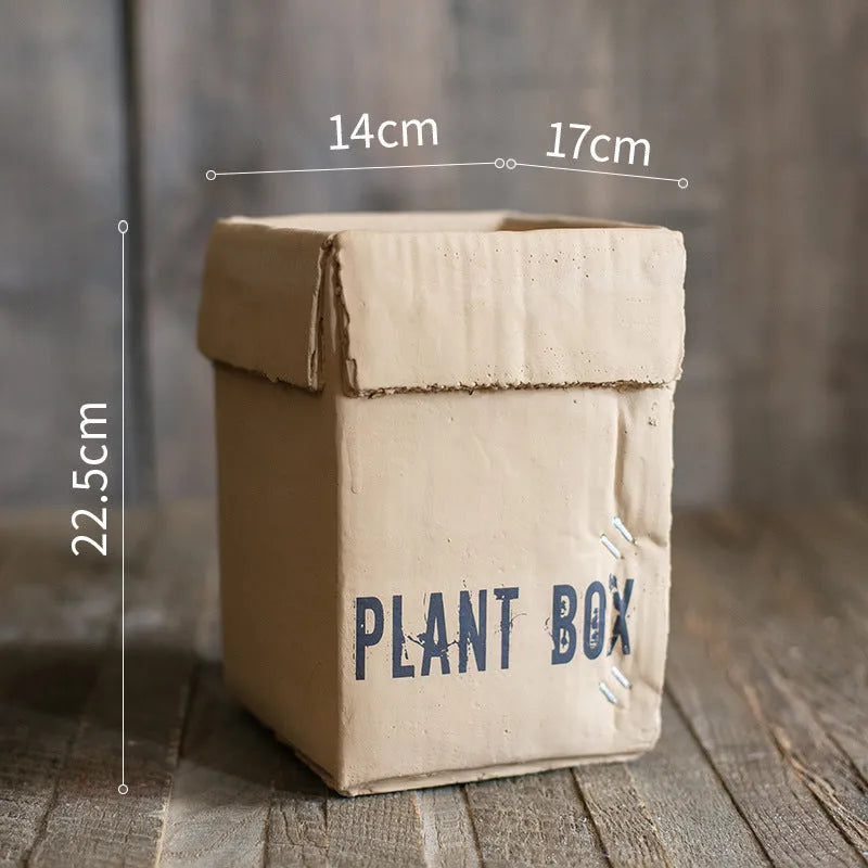 Cement brown paper box flowerpot with Nordic style design and bottom drainage holes for indoor planting