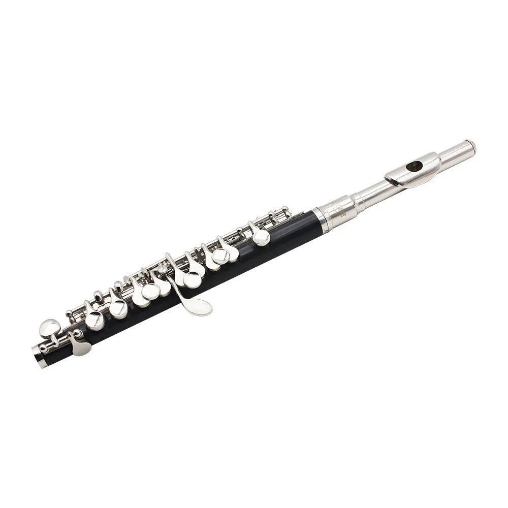 C key piccolo with bakelite tube body and silver plated finish, 31cm, shown with cloth box and cleaning accessories