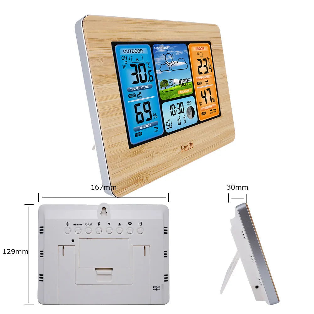 Rectangular black or yellow plastic pocket weather station with LCD display showing time, temperature, and weather icons.