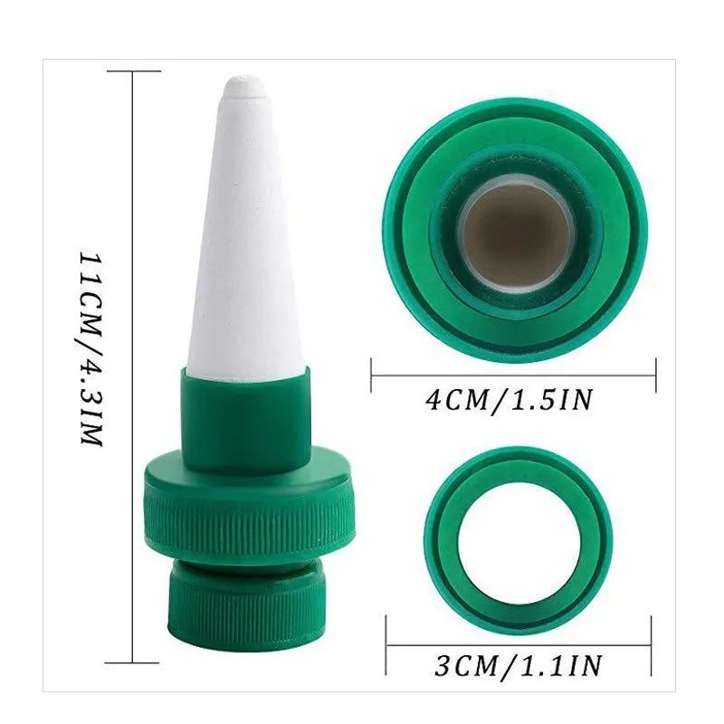 Green ceramic automatic water dripper for plant irrigation attached to a bottle.