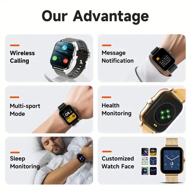 Smart watch with 144-inch touch screen, silicone strap, displaying fitness data and Bluetooth calling interface