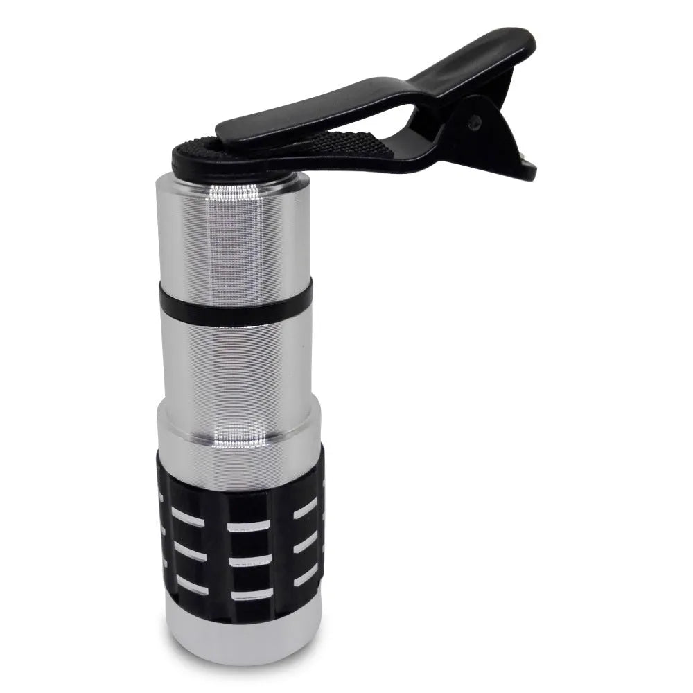 12x telescopic lens attached to mobile phone showing extended and collapsed positions with universal collar clip