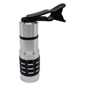 12x telescopic lens attached to mobile phone showing extended and collapsed positions with universal collar clip