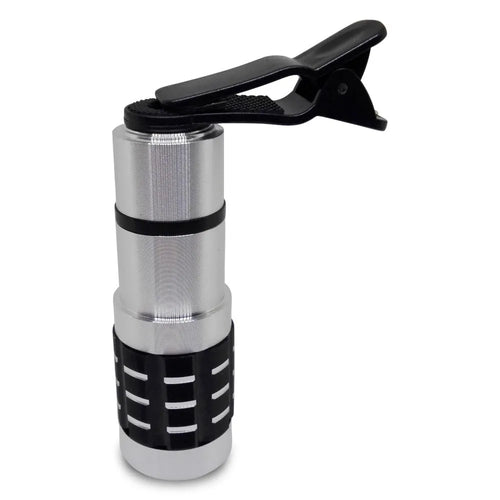 12x telescopic lens attached to mobile phone showing extended and collapsed positions with universal collar clip
