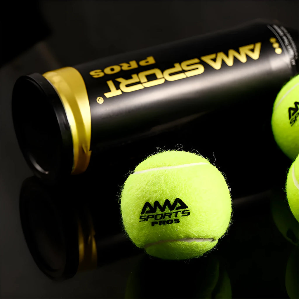 Three cage plate tennis training balls in black, green, and yellow colours for high elasticity durable practice.