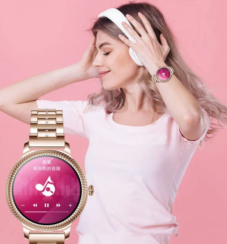 AK38 ladies smart watch with stainless steel band showing 1.09-inch display showing time and notifications