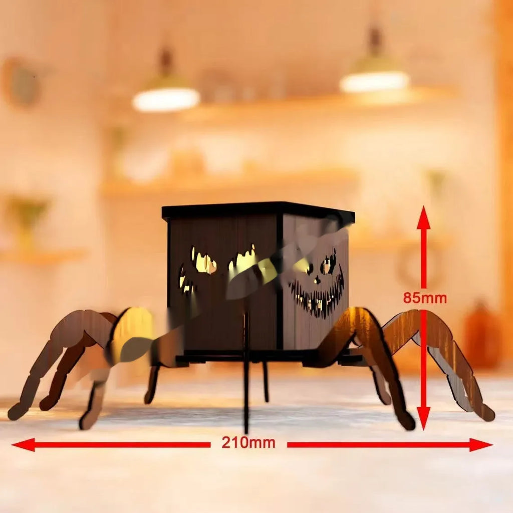 Wooden spider silhouette candlestick measuring 21cm tall with 8.5cm base for Halloween decorations