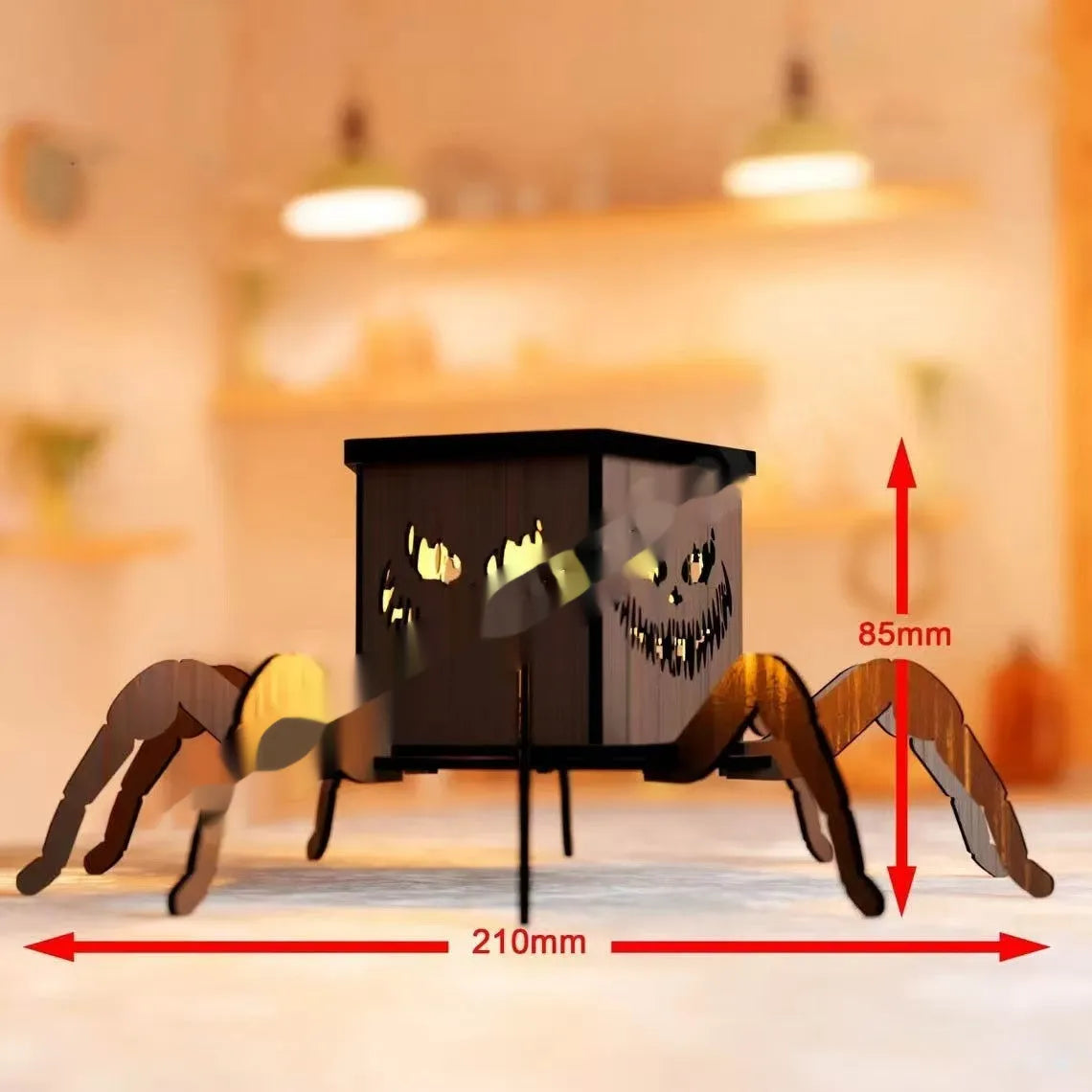 Wooden spider silhouette candlestick measuring 21cm tall with 8.5cm base for Halloween decorations