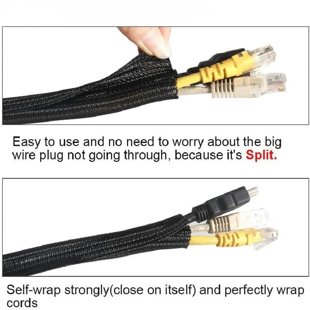 Black self-winding mesh sleeve automotive wire cover for cable protection in engine bays.
