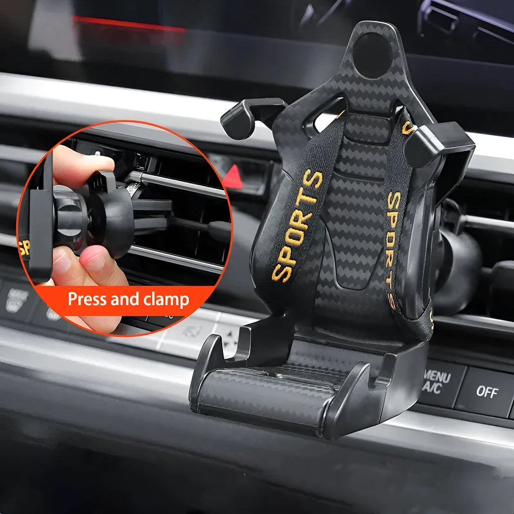 Racing seat shape car phone holder with 360-degree rotation on air vent, in gold tape colour