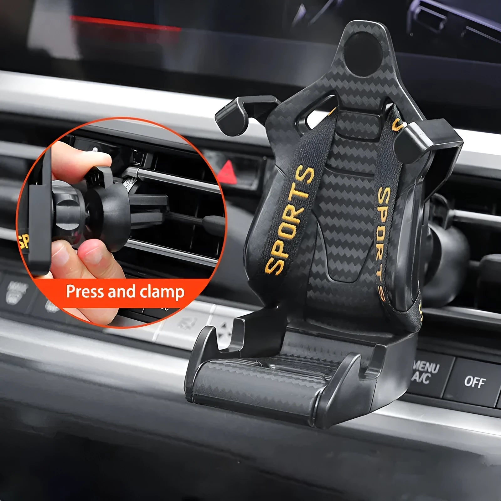 Racing seat shape car phone holder with 360-degree rotation on air vent, in gold tape colour