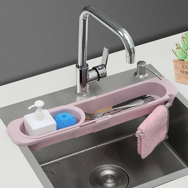 Telescopic sink rack in blue grey colour with adjustable length and drain fan holes
