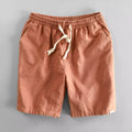 Ramie cotton linen casual shorts in straight leg fit with elastic waist, shown in multiple colours.