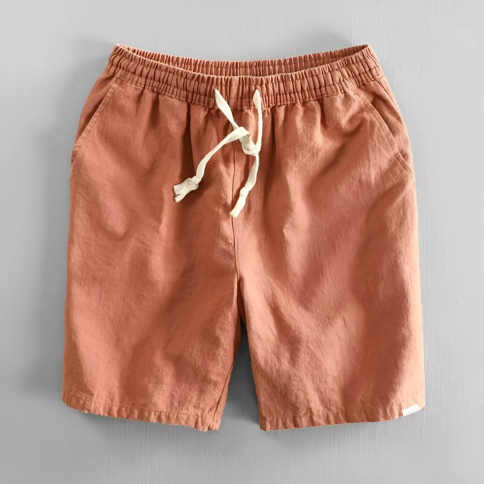 Ramie cotton linen casual shorts in straight leg fit with elastic waist, shown in multiple colours.