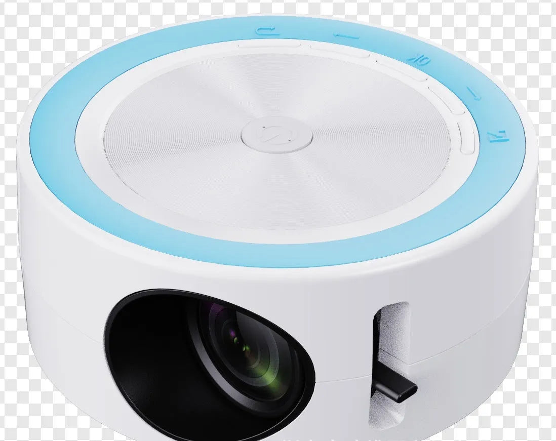 YT200 portable LED projector in black, white, blue and white, or yellow and white colour options