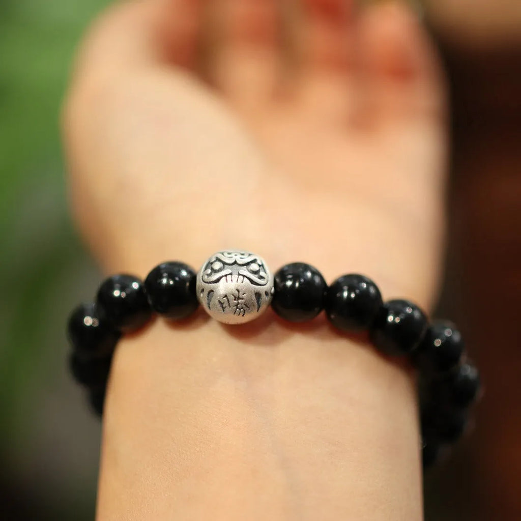 Black agate bracelet with 10mm beads and sterling silver clasp, Chinese-style handcrafted jewellery