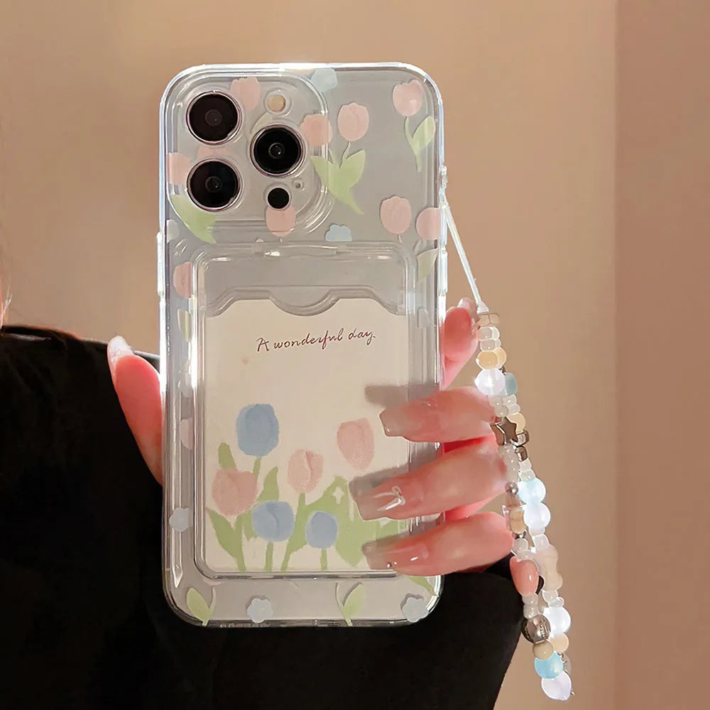 Transparent tulip flower card holder phone case for Apple iPhone, TPU soft shell with painted design.
