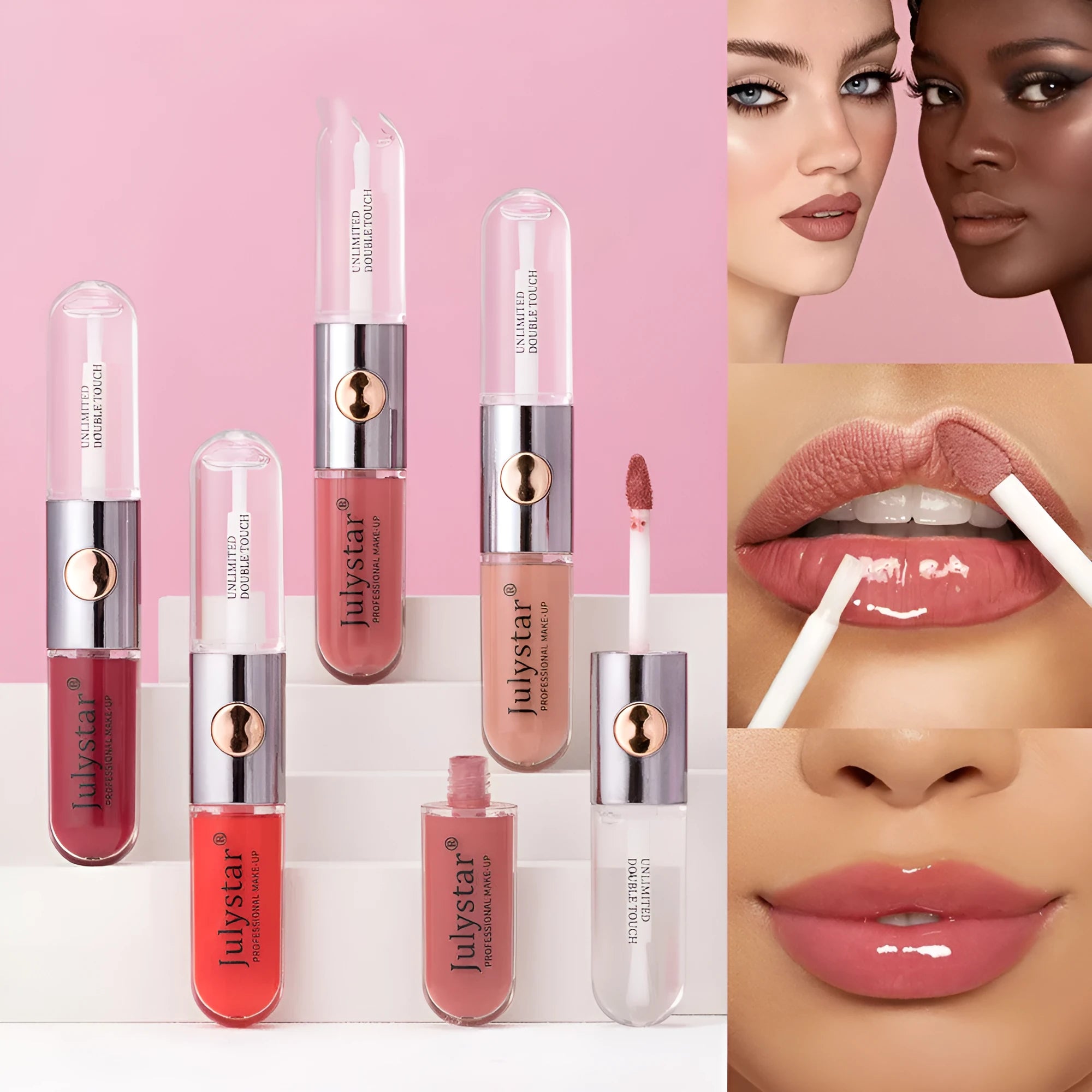 Women's moisturising lip gloss in 6ml size showing colour variety across nine different style options