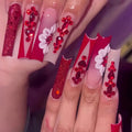 24 floral fake nails with red diamond accents, jelly glue, and nail file for at-home manicures