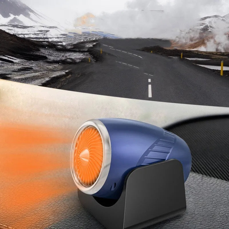 Navy blue 12v car heater with rotation function for defrosting windows, showing cigarette lighter plug