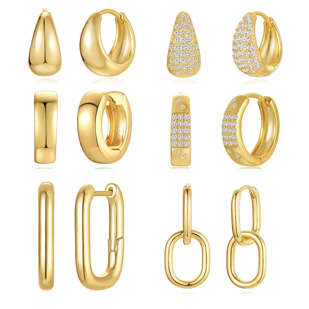 Geometric brass earclip earrings with electroplated golden finish and round elements