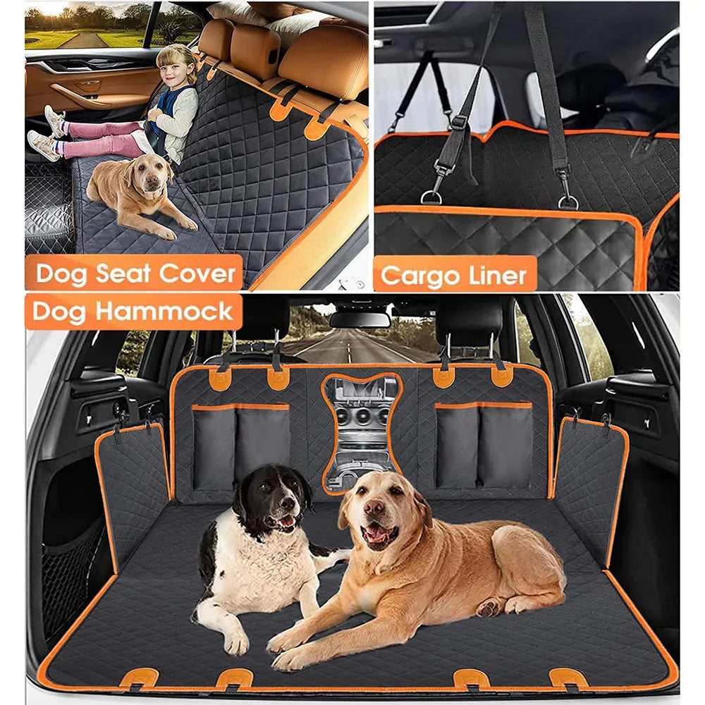 Black and orange waterproof pet car seat cover made from 600D Oxford cloth, shown on rear car seats.