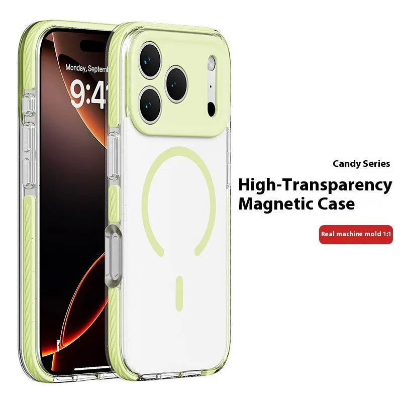 Magnetic transparent iPhone protective case in candy colours showing drop-resistant design