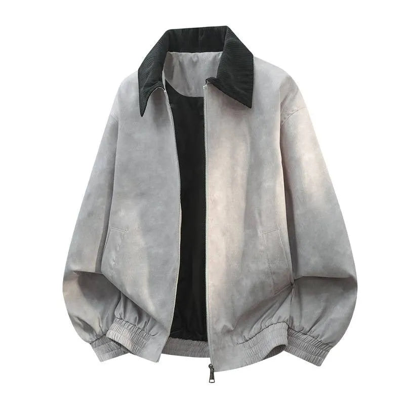 Men's black stitching lapel casual jacket with straight hem and side pockets, showcasing youthful style and Lycra fabric.