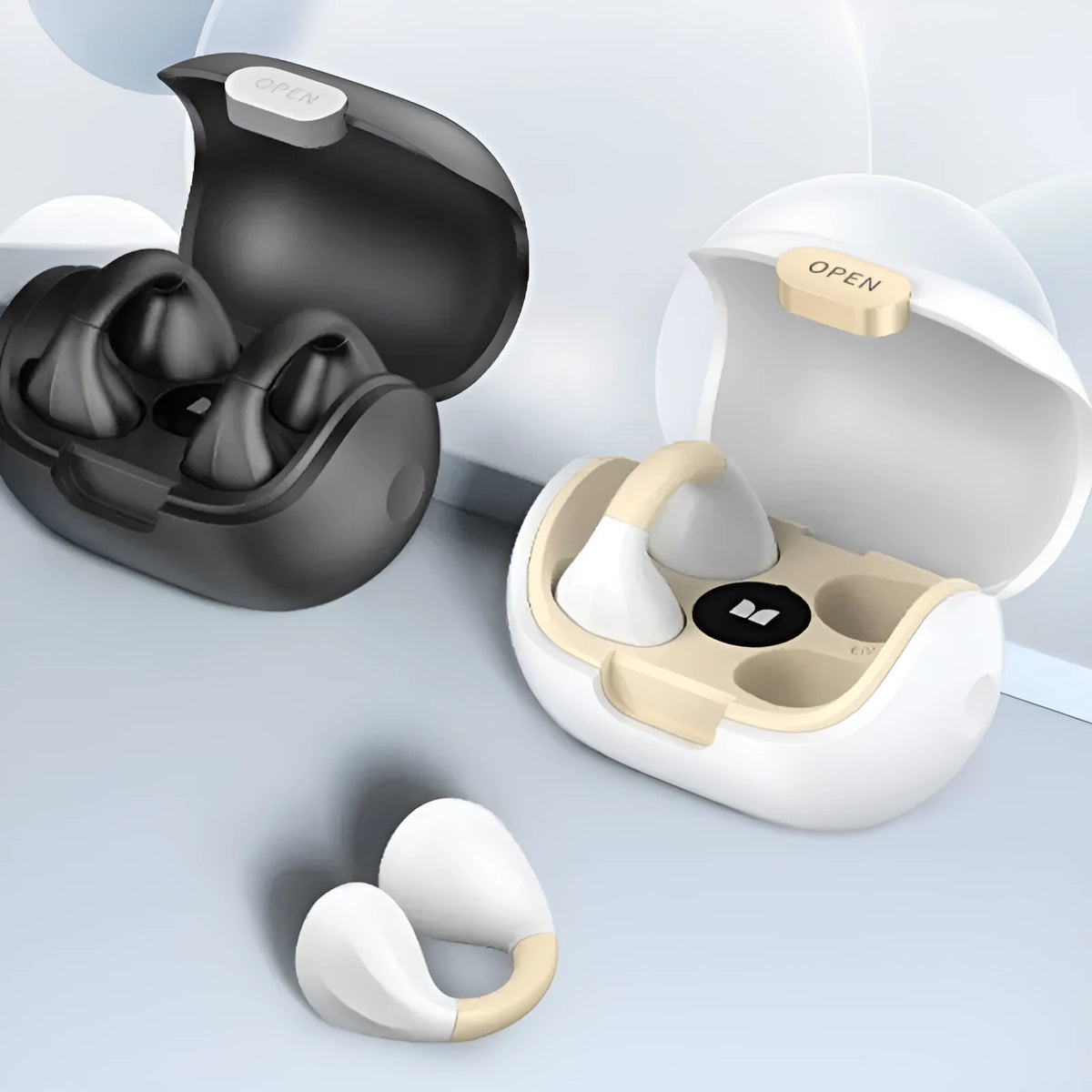 Clip-on Bluetooth earphone in white or black with silicone body and Jerry chip, 10 metre range