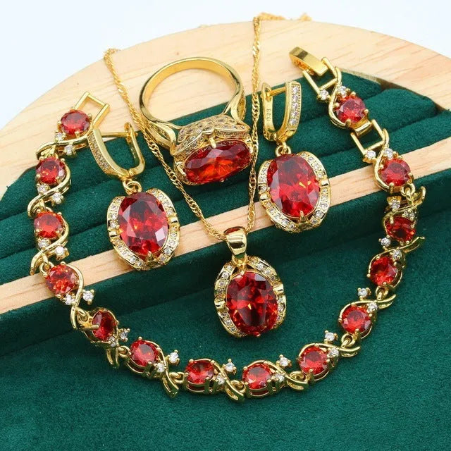 Full rhinestone zircon women's jewellery suit with copper inlay, snake bones chain, in olive green or red colours