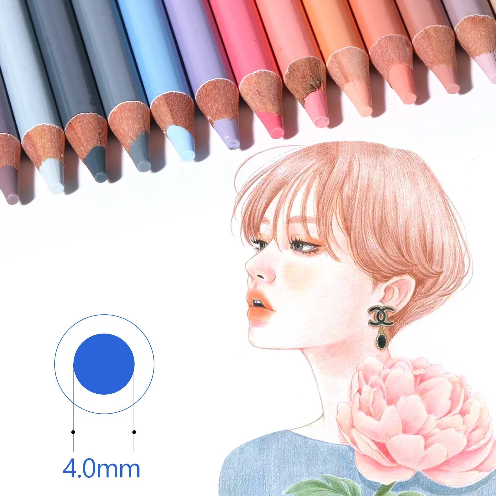 Set of 24 skin tone colour pencils in a round brush pot inside a silver iron box.