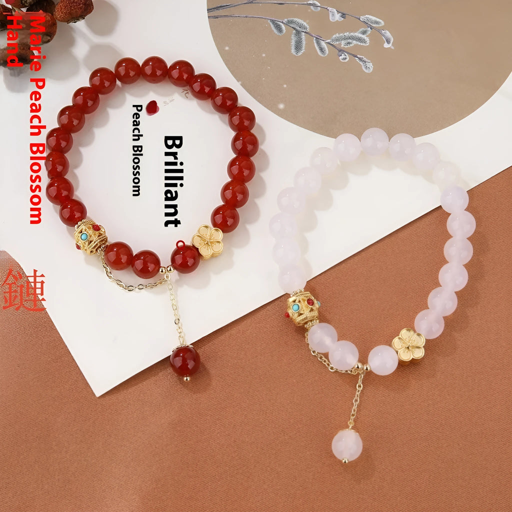Handmade natural agate bracelet with peach blossom copper parts and 8mm beads