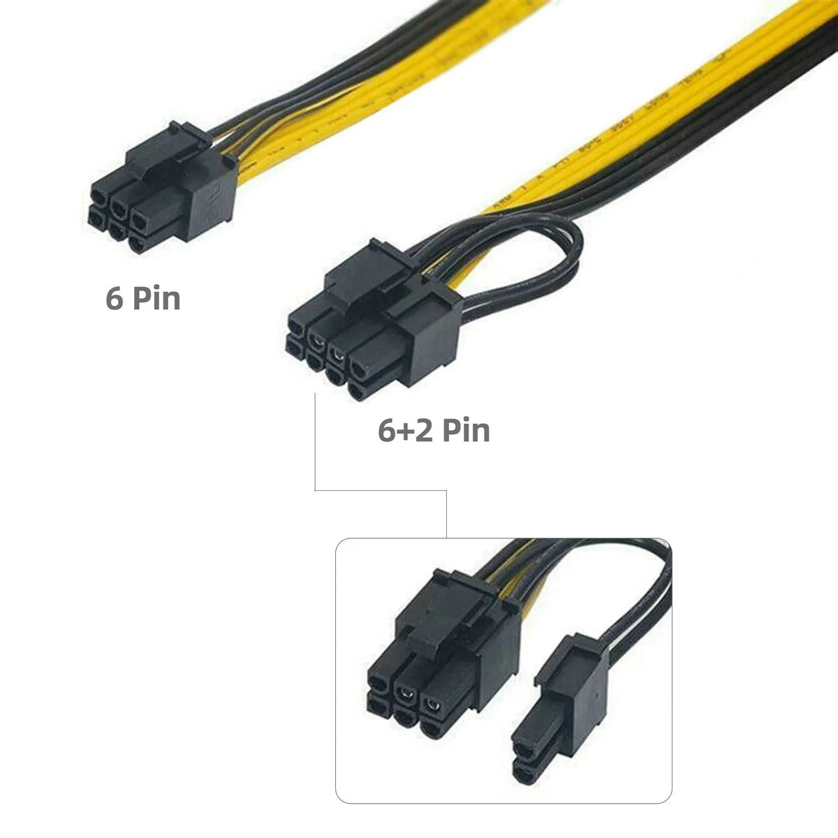 Yellow 6 pin to dual 8 pin graphics card power supply cable, 70cm, with plastic connector housing