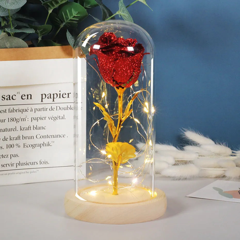 LED-lit eternal rose flower in glass cover with bendable copper wire, colours red gold grey blue pink rose red