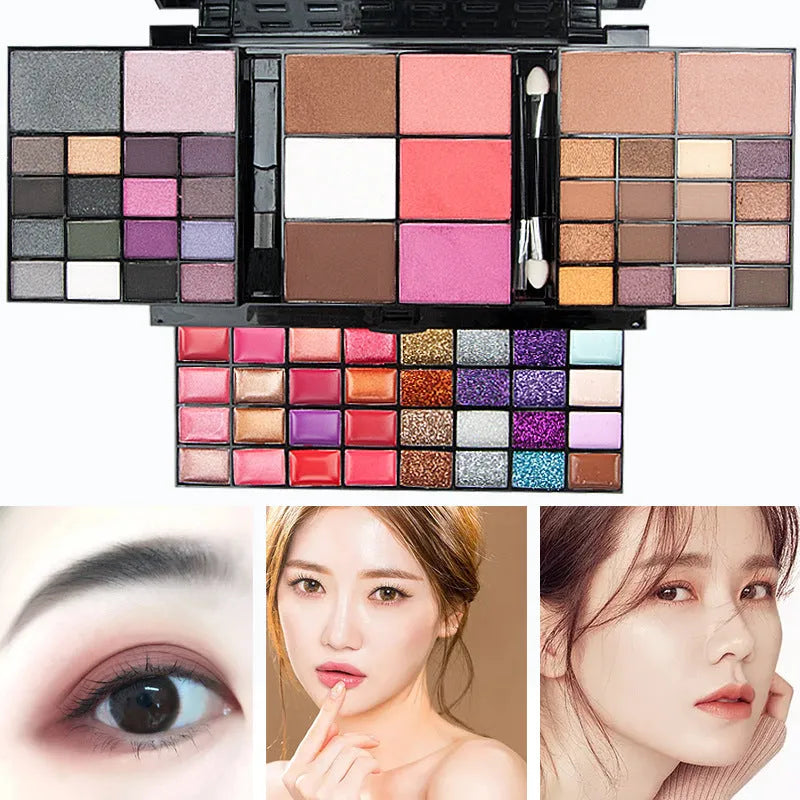 74-colour makeup set with 4-layer compact, eyeshadows, lip glosses, and brushes on display