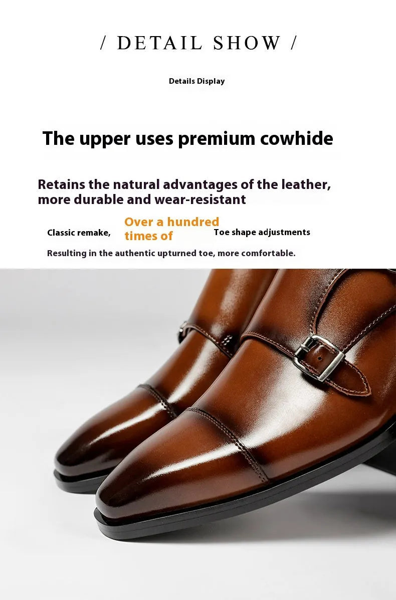 Men's black and light brown leather casual shoes with a square toe and low-top design