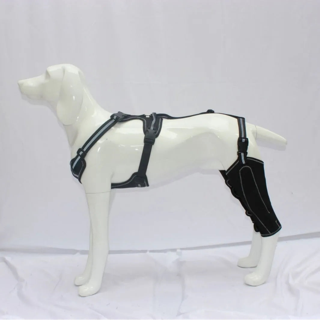 Black dog thigh protective sleeve with adjustable metal support for postoperative leg warming