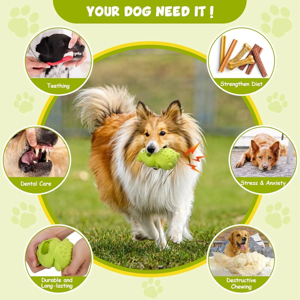 Green and yellow natural rubber squeaky dog toy for aggressive chewers with 30% thicker construction