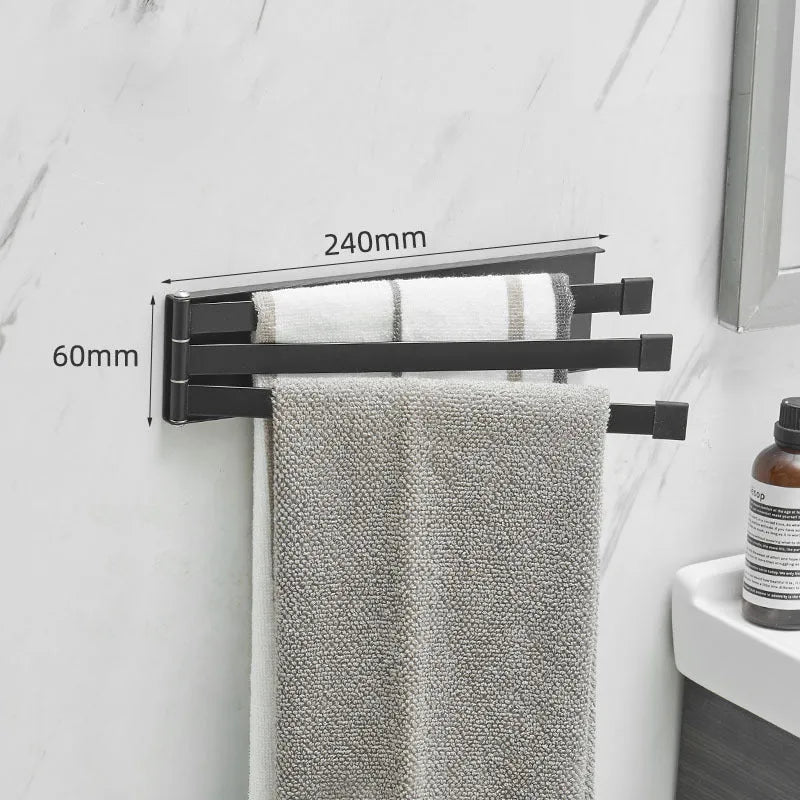 Black folding towel bar with non-perforated installation for bathrooms