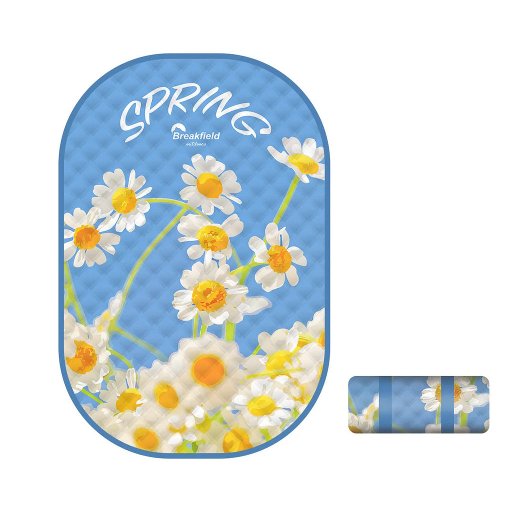 Waterproof ultrasonic thickening picnic mat in Four Seasons Series colour on grass, showing 2x3m size for outdoor use