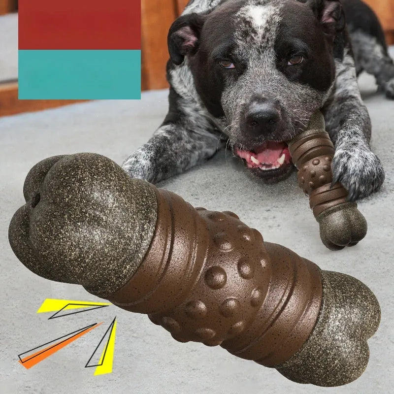 Wood colour plastic bone-shaped dog dental chew toy with textured surfaces for teeth cleaning