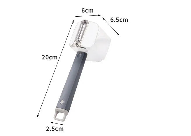 Creative stainless steel kitchen peeler with a coloured PP handle on a white background.