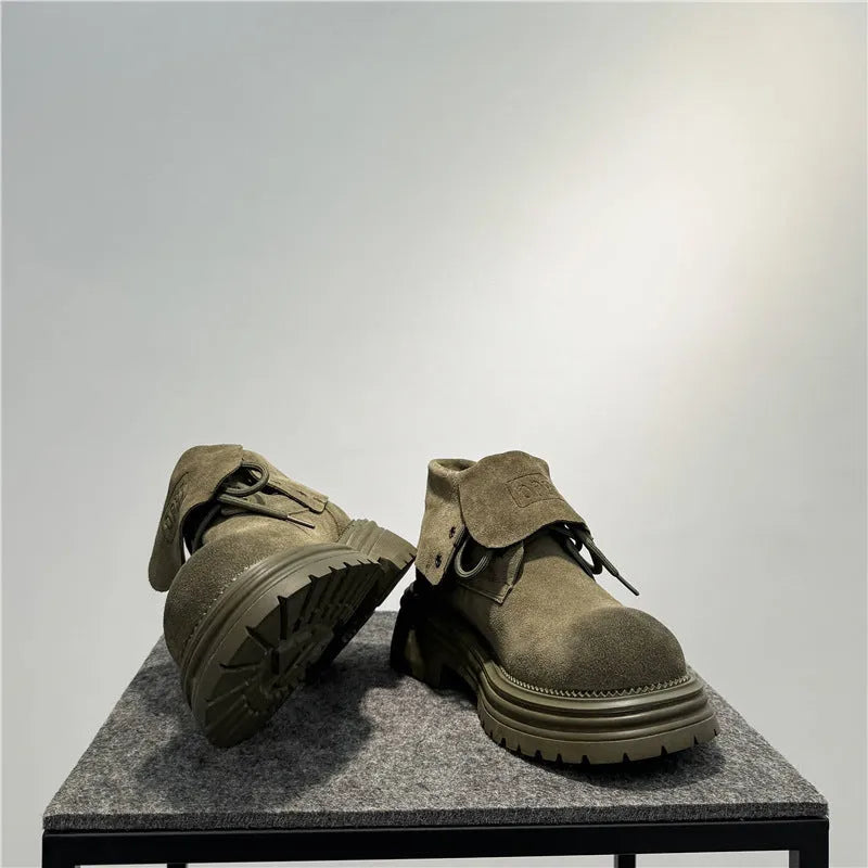 Men's distressed brown cow suede retro worker boots with thick platform sole and two-way laces.