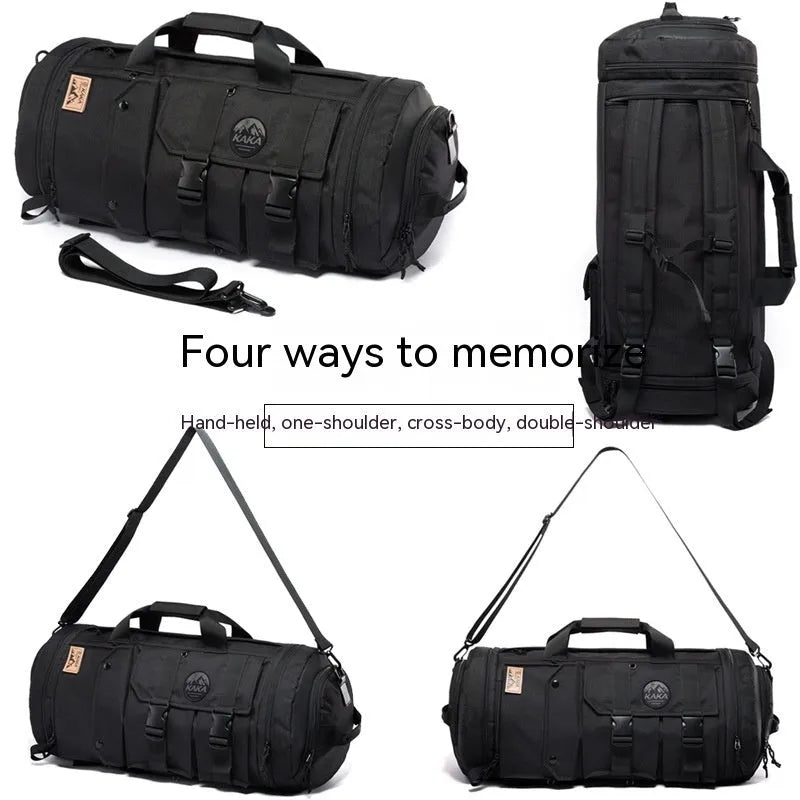 Black men's hiking backpack in Oxford cloth with single shoulder strap and zipper compartments for travel
