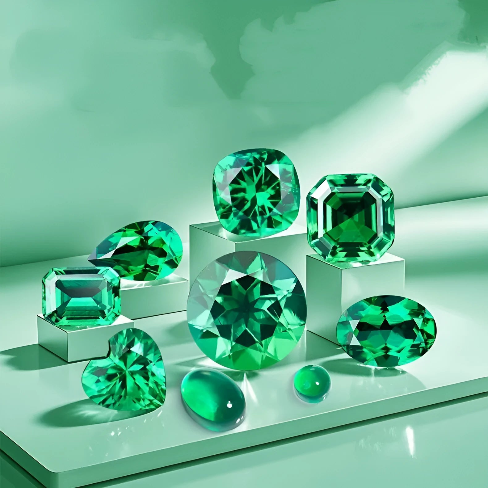 Cultivated emerald gemstones in round and grandmother cut shapes showing Columbia green colour