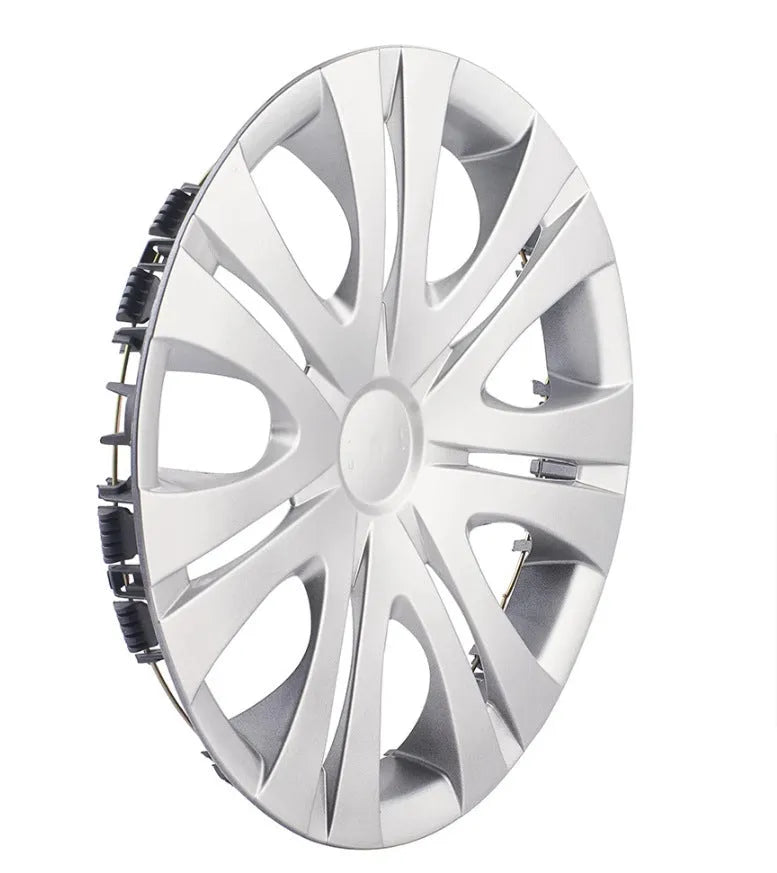 Universal ABS plastic wheel hub cover in a monochrome finish, shown against a car wheel.
