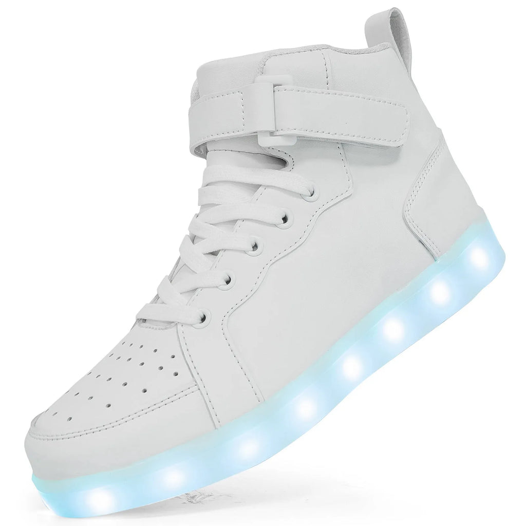 LED high-top shoes with illuminated soles in black colour showing Velcro fastening and rubber sole