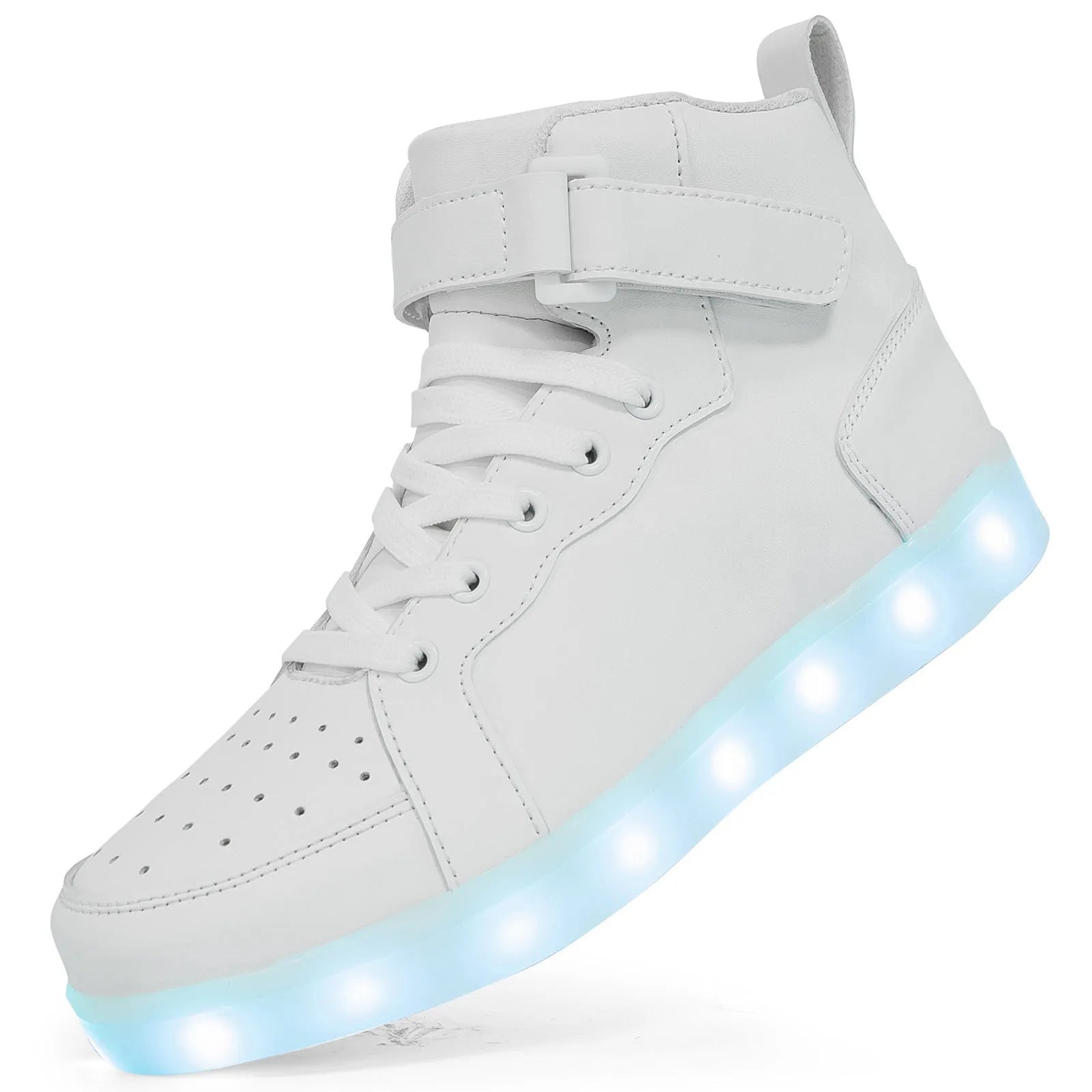 LED high-top shoes with illuminated soles in black colour showing Velcro fastening and rubber sole